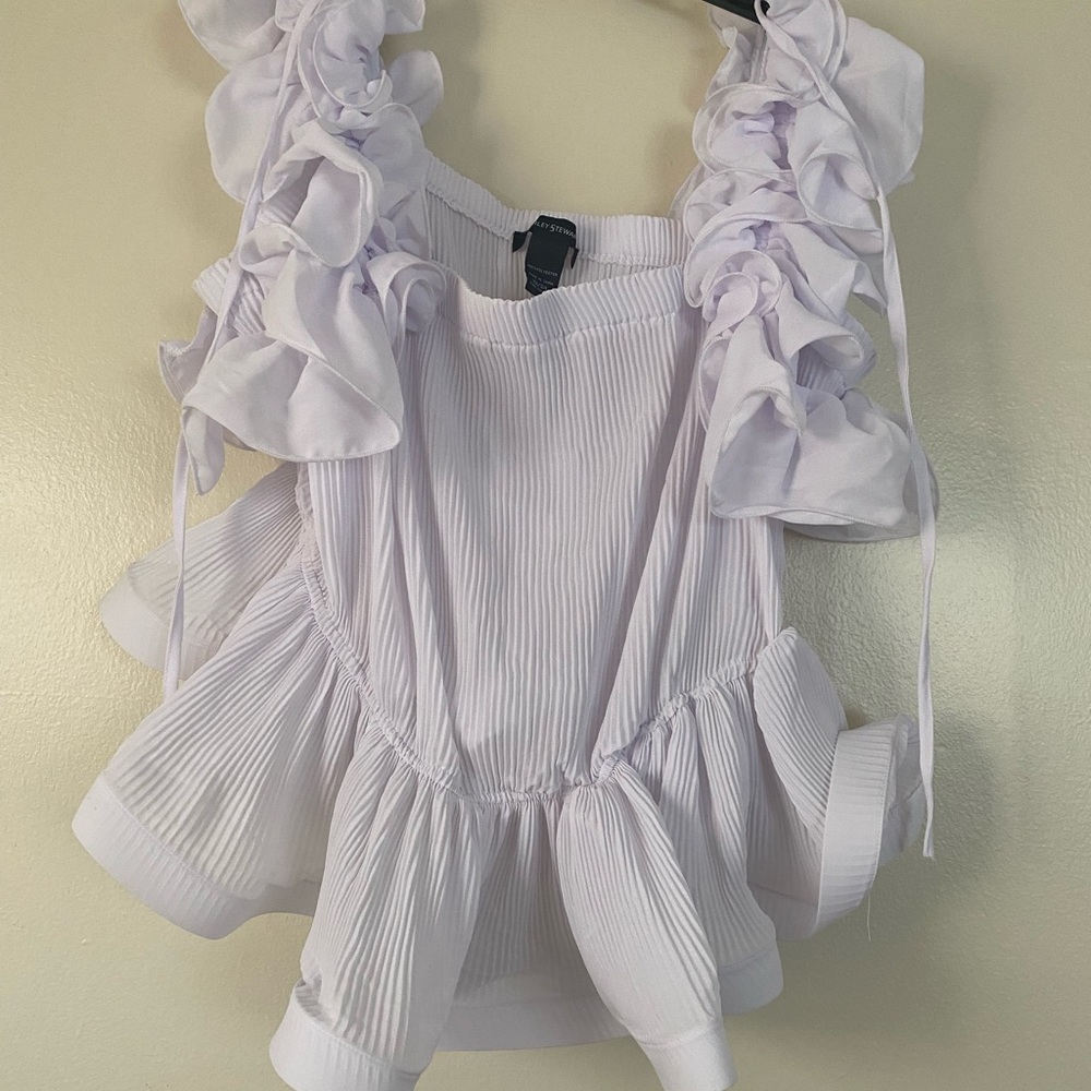 ASHLEY STEWART - WHITE PLEATED RUFFLE BLOUSE - Picture 2 of 7